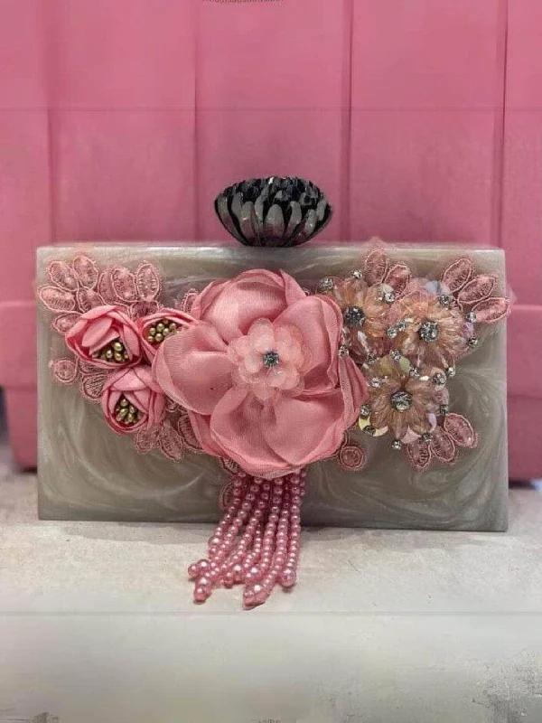 Satin evening bags with floral embroidery for a delicate, elegant accessory for formal events -Bombay Style Marbal Clutches