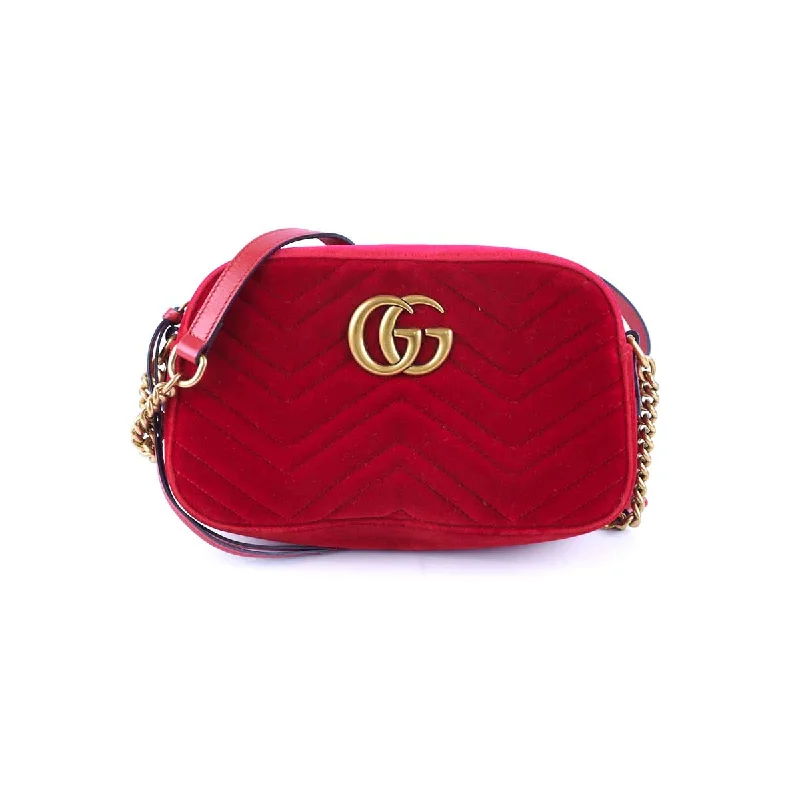 Glittery sequin handle bags sparkling at festive parties -Gucci Velvet Small Marmont Camera Bag Red