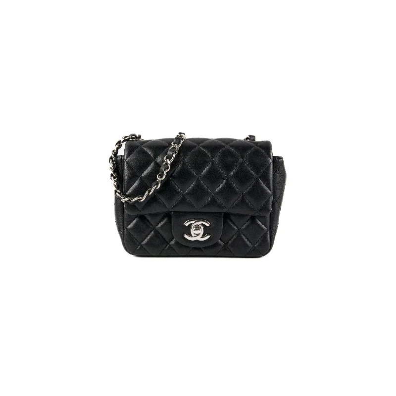 Bright turquoise handle bags adding color to outfits -Chanel Square Mini Lambskin Black Bag