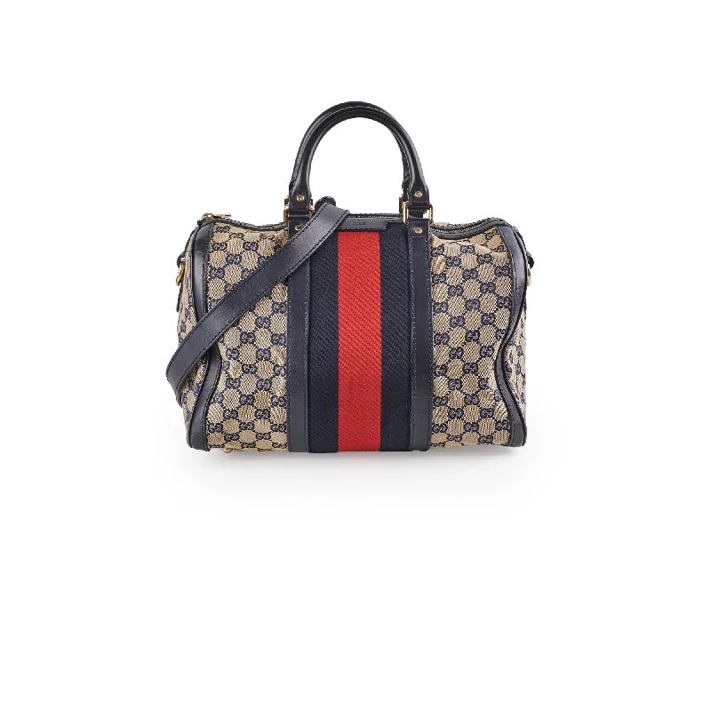 Durable twill handle bags resisting daily wear tear -Gucci Boston GG Canvas Bag