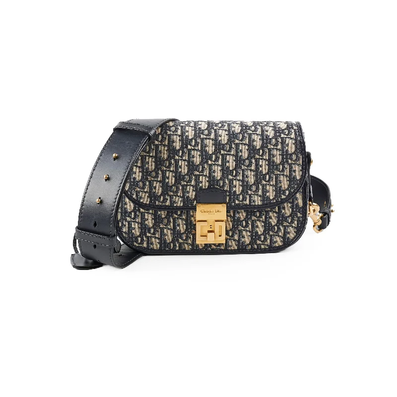 Adjustable grip handle bags fitting hands comfortably always -Christian Dior Totter Flap Navy Oblique Crossbody