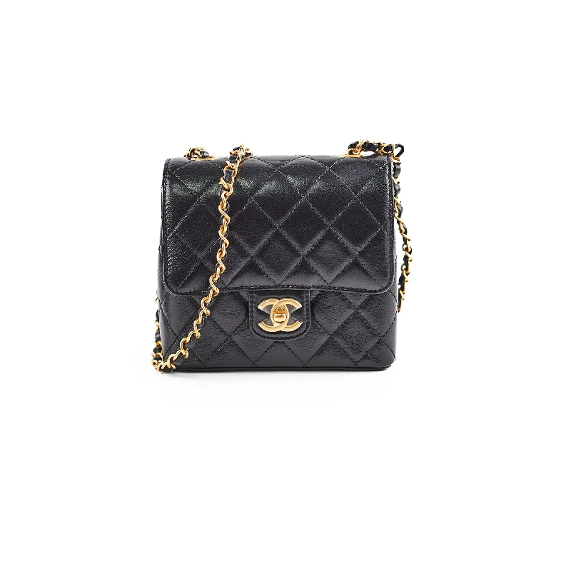 Flexible knit handle bags stretching for extra space -Chanel Seasonal Square Black Goat Skin Microchipped 2022