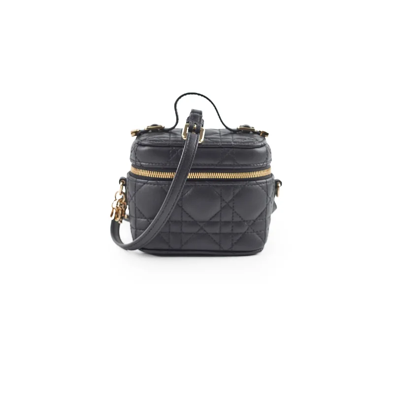 Artisanal leather handle bags with hand-stitched detailing -Christian Dior Micro Vanity Case Black Cannage Lambskin