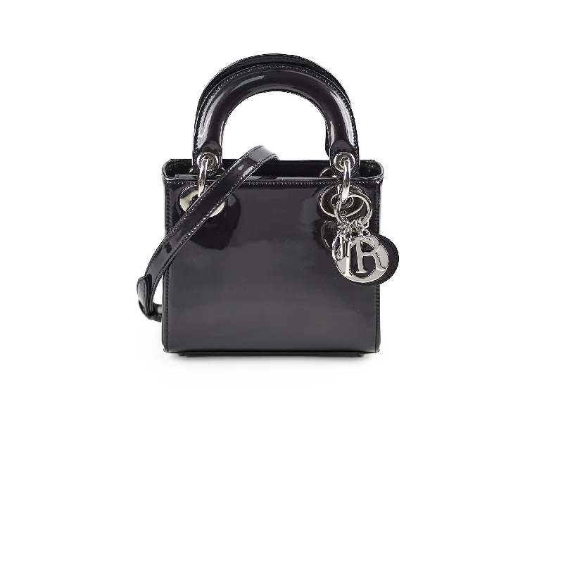 Puffy quilted handle bags offering cozy chic texture -Christian Dior Mini Lady Dior Patent Black