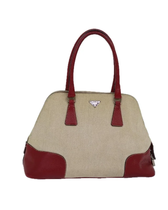 Organic jute handle bags for natural texture lovers -Canvas and Leather Red Beige Silver Hand Bag by Prada