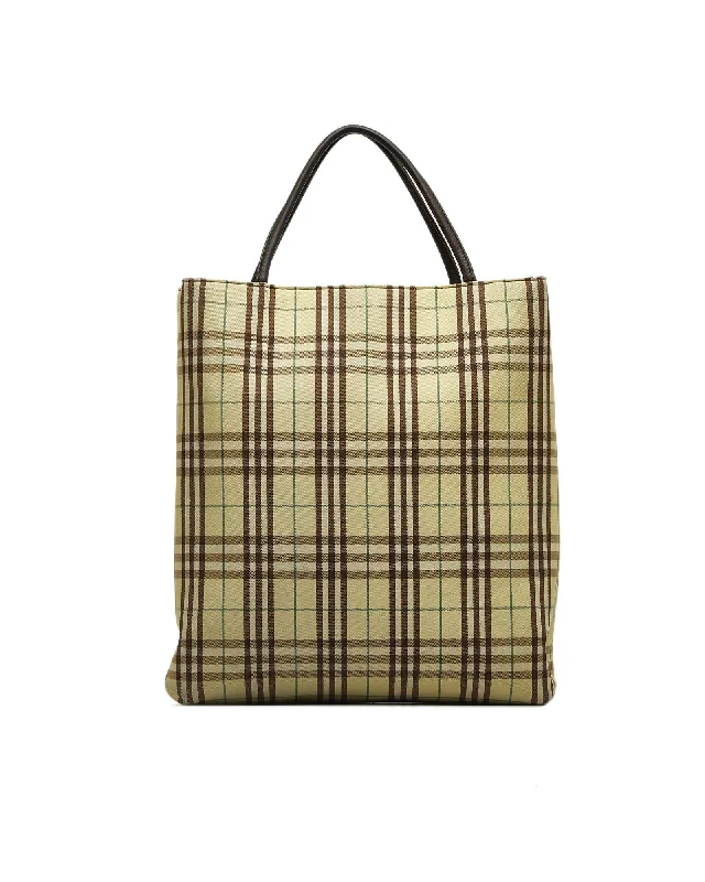 Tote Bags with Tassels -Plaid Canvas Tote Bag with Rolled Leather Handles