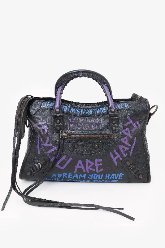 Tote Bags with Velvet Handles -Balenciaga Balck Leather City Address Graffiti Classic Studs Bag