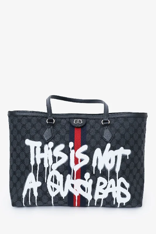 Thick Handle Tote Bags for Comfort -Balenciaga x Gucci Black BB Monogram Web Graffiti Medium Ophidia Shopping Tote