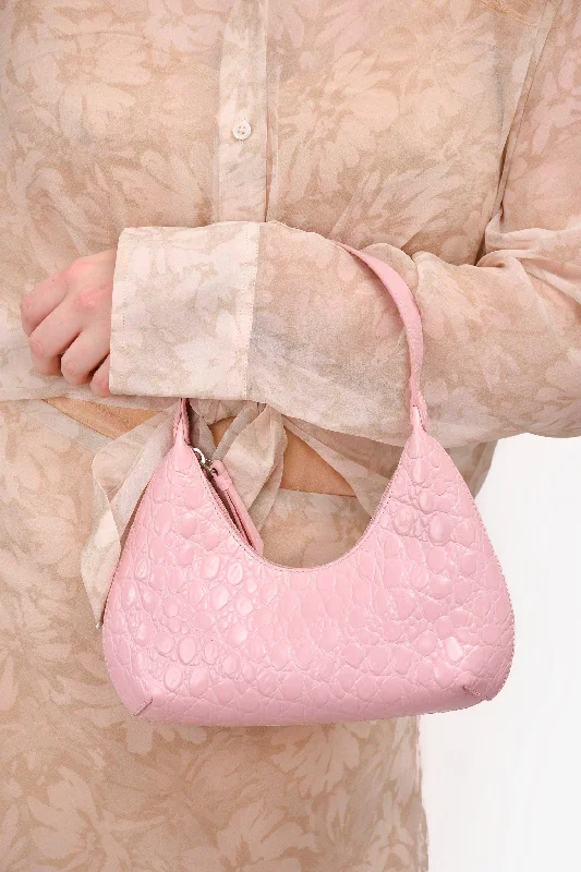 Sustainable Tote Bags for Green -By Far Pink Croc Embossed Leather Mini Amber Bag