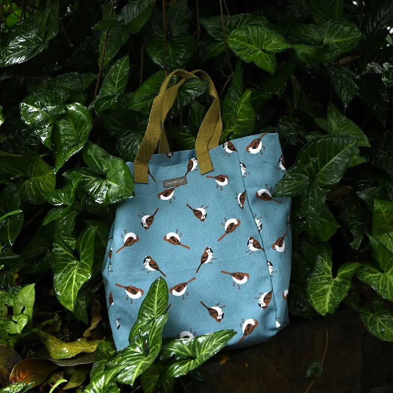 Tote Bags with PU Handles -Canvas Tote - Sparrows - Cameo Blue