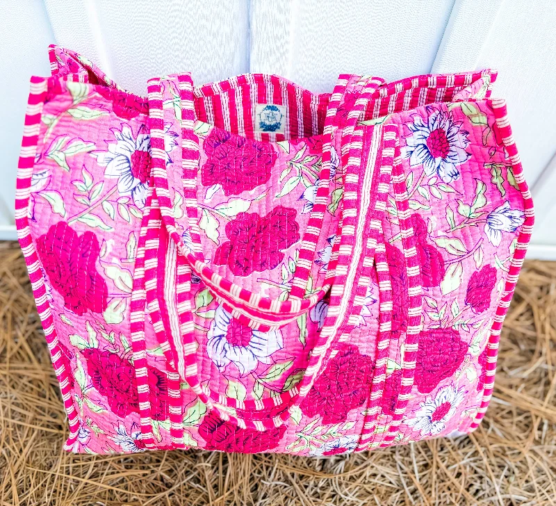 Tote Bags with Tassels -Carnation Lily Quilted Tote Bag 