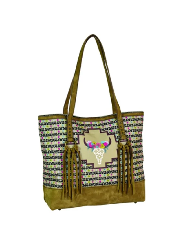 Structured satin handle bags ideal for evening events -CatchFly 2164600TAN Womens Floral Cow Skull Suede Fringe Tote Tan