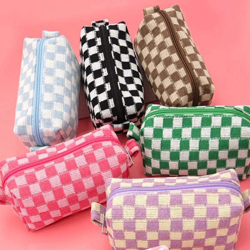 Thin Handle Tote Bags for Fashion -Checker Makeup Pouch