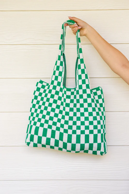 Tote Bags with Pom Poms -Checkerboard Lazy Wind Big Bag in Green & White