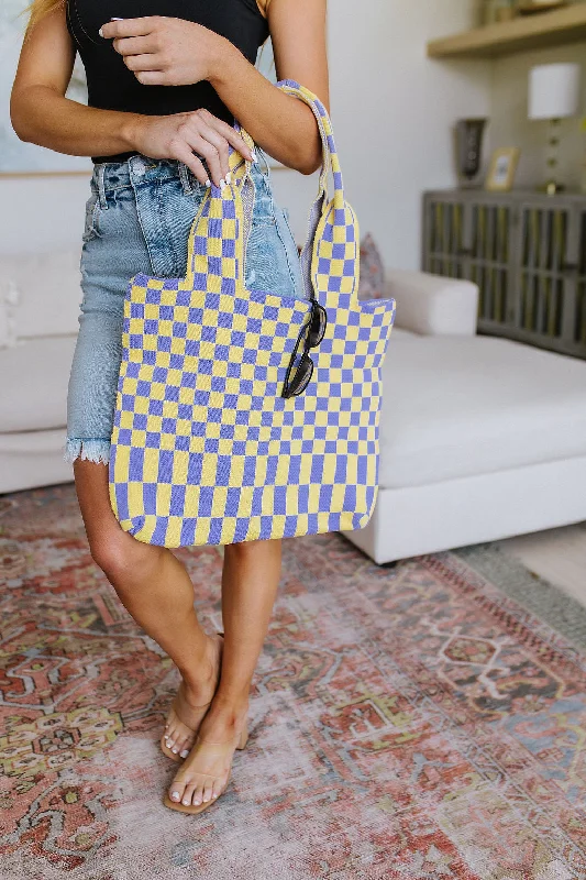 Vegan Leather Tote Bags -Checkerboard Lazy Wind Big Bag in Lilac & Yellow