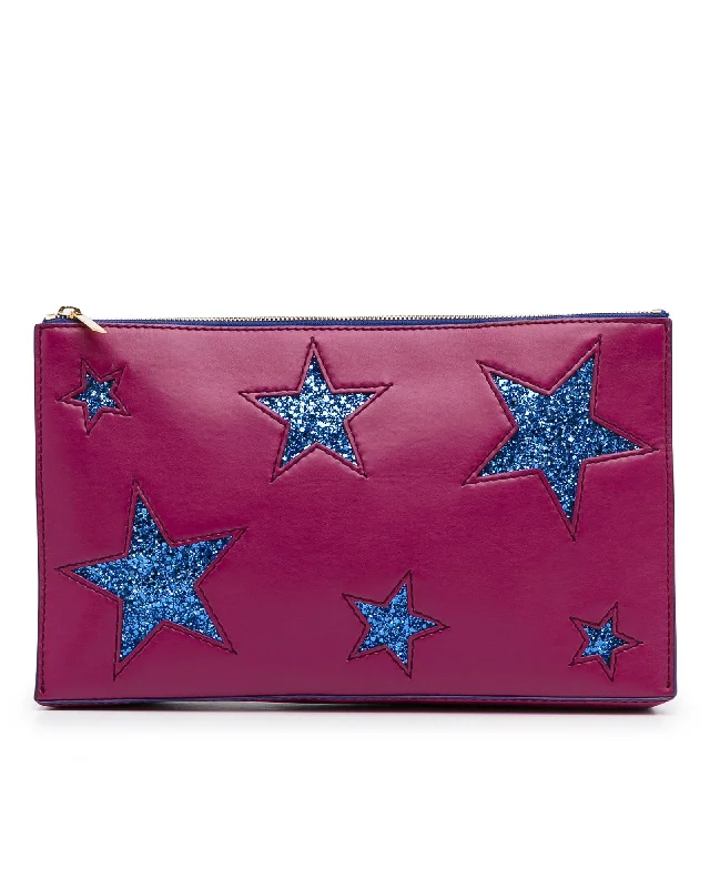 Tote Bags with Padding -Stars Leather Clutch with Glittered Star Details and Top Zip Closure