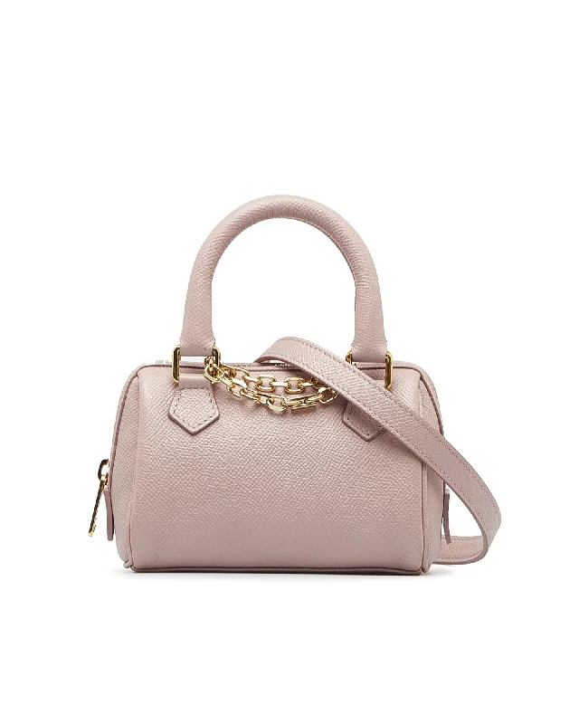 Tote Bags with Debossed Designs -Mini Grained Leather Chain Boston Satchel with Rolled Handles and Detachable Strap