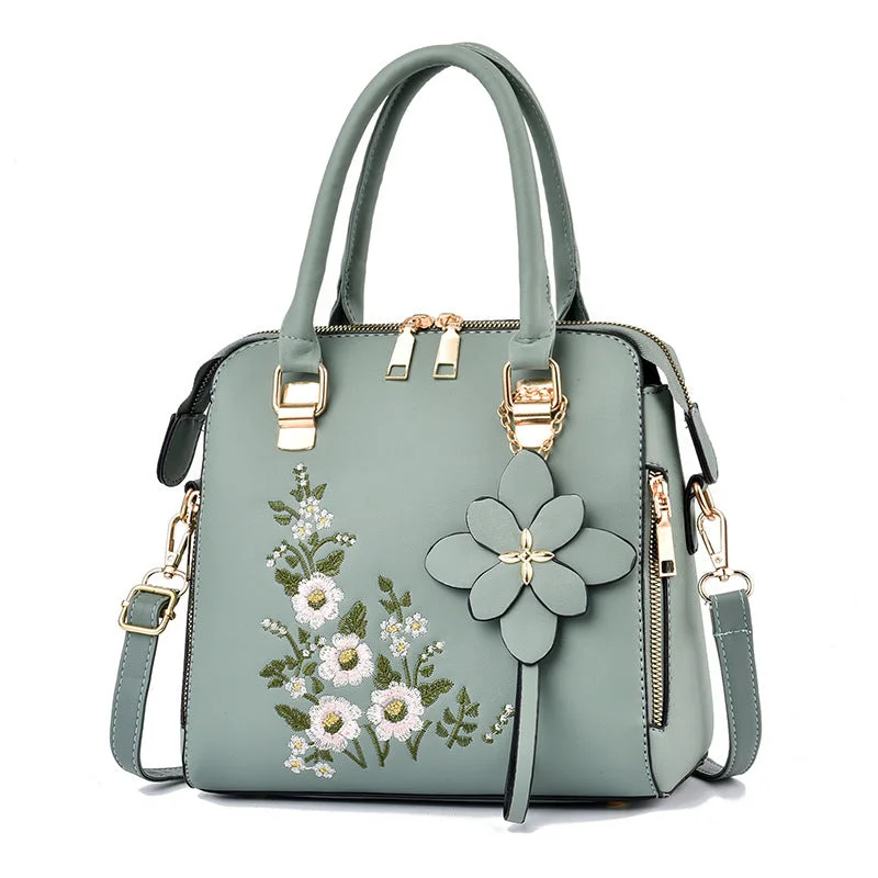 Tote Bags with Polyester Handles -Fashion Flowers Embroidered Handbag Women Shoulder Messenger Bags