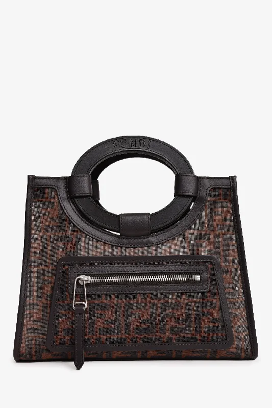 Tote Bags with Silk Handles -Fendi Brown Mesh Small FF 1974 Runaway Shopper Tote with Strap