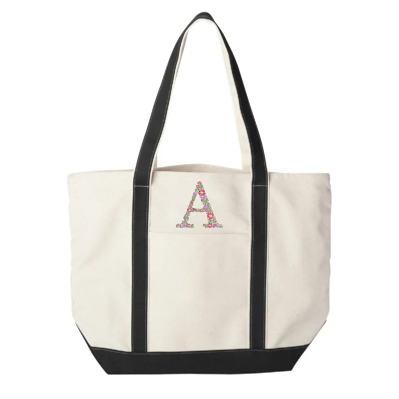 Large Capacity Tote Bags for Work -'Floral Initial' Canvas Boat Tote