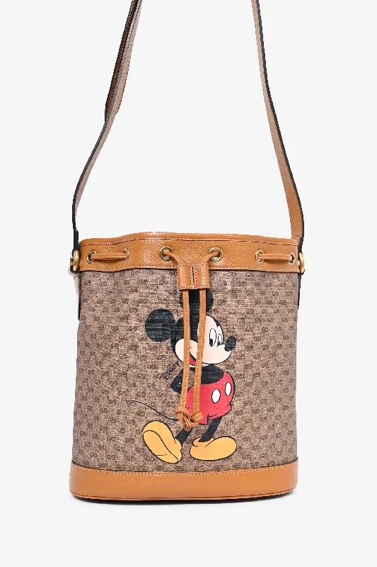 Tote Bags with Crossbody Strap -Gucci Brown Canvas Leather GG Mickey Mouse Bucket Bag