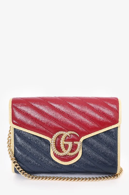 Tote Bags for School -Gucci Red/Navy Quilted Marmont Wallet On Chain