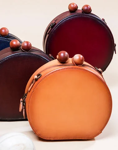 Foldable leather handle bags for travel-friendly storage -Handmade Genuine Leather Round Handbag Bag Crossbody Bag Shoulder Bag Purse For Women