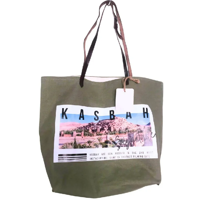 Plush faux-fur handle bags warming up winter looks -Khaki Linen Tote Bag Kasbah Ait Ben Haddou