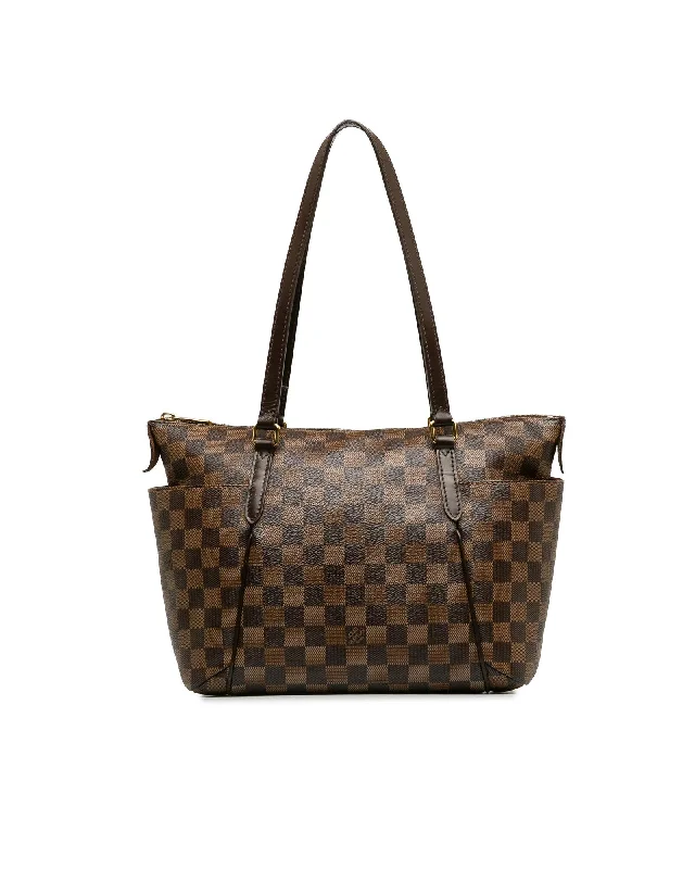 Snap Tote Bags for Convenience -Damier Canvas Tote with Leather Trim and Exterior Slip Pockets