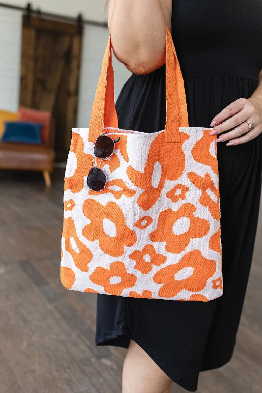 Tote Bags with Geometric Prints -Lazy Daisy Knit Bag in Orange