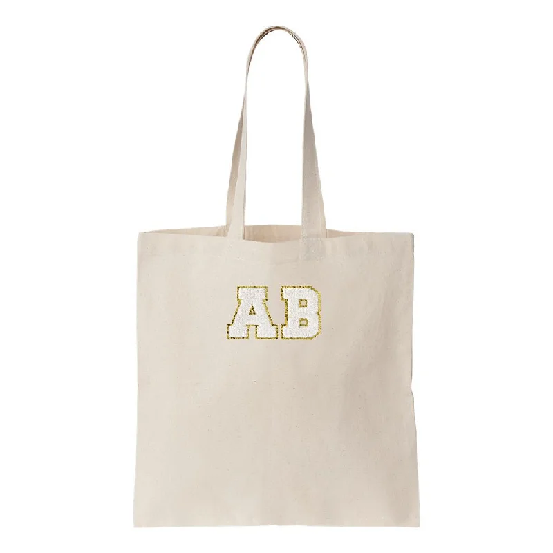 Tote Bags for Library -Initialed Letter Patch Cotton Canvas Tote Bag