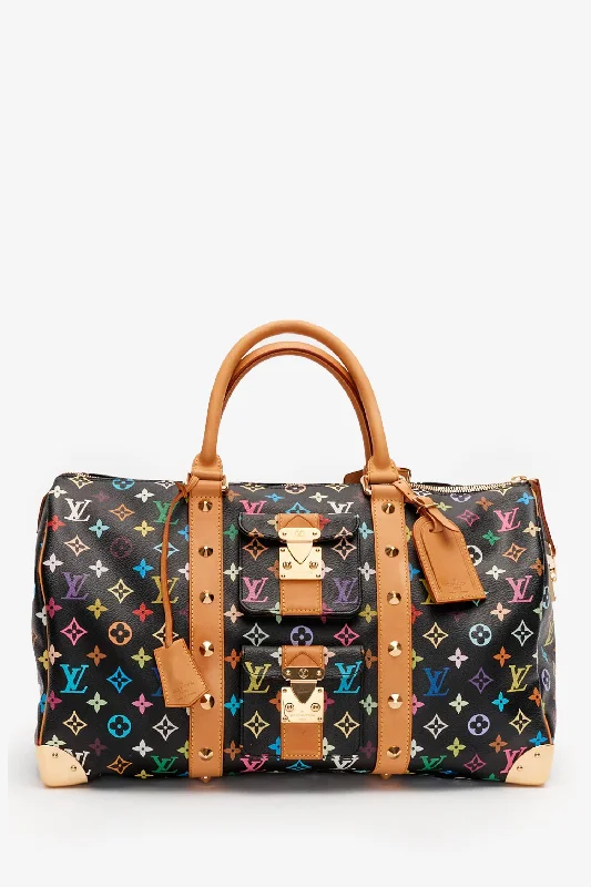 Tote Bags with Patchwork -Louis Vuitton x Takashi Murakami Black Multicolour Monogram Keepall 45