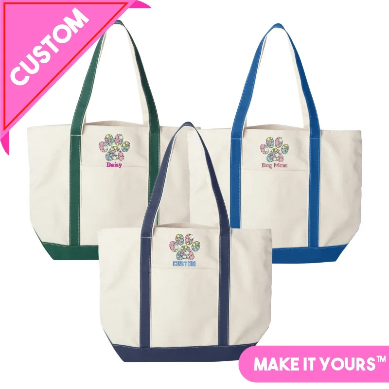 Double Handle Tote Bags for Stability -Make It Yours™ 'Floral Paw Print' Canvas Boat Tote