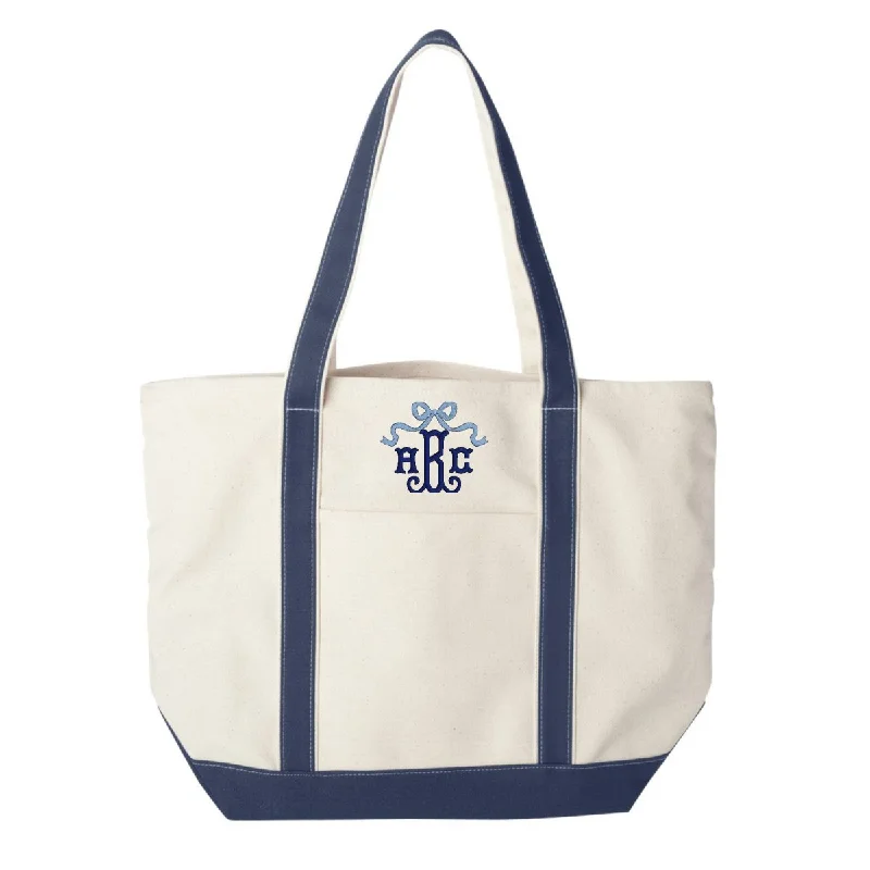 Waterproof Tote Bags for Rain -Monogrammed 'Bow' Canvas Boat Tote