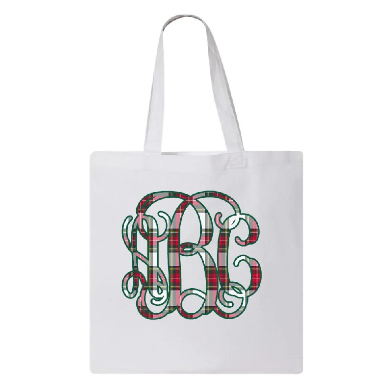 Thin Handle Tote Bags for Fashion -Monogrammed 'Christmas Plaid' Big Print Tote Bag