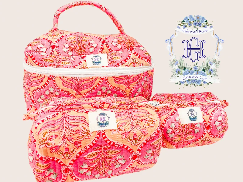 Tote Bags with Hearts -Pink Trellis Set of 3 Quilted Cosmetic Bags