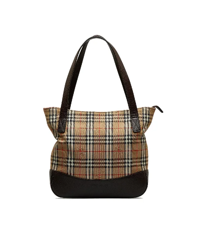 Tote Bags with Zippers -Haymarket Check Canvas Handbag with Leather Trim and Top Zip Closure