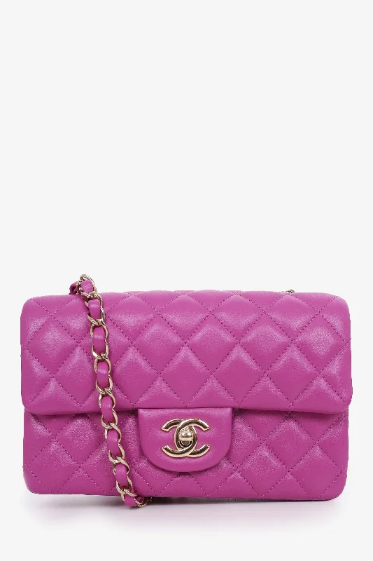 Checkered Tote Bags for Trend -Chanel 2021 Purple Lambskin Mini Rectangle Single Flap with Gold Hardware