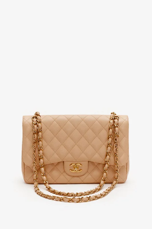 Faux Leather Tote Bags -Pre-Loved Chanel™ Beige Caviar Leather Jumbo Classic Double Flap Bag