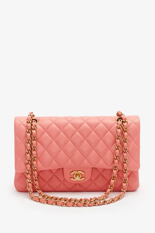 Zippered Tote Bags for Safety -Pre-Loved Chanel™ Pink Lambskin Medium Classic Double Flap Bag 'Refurbished'