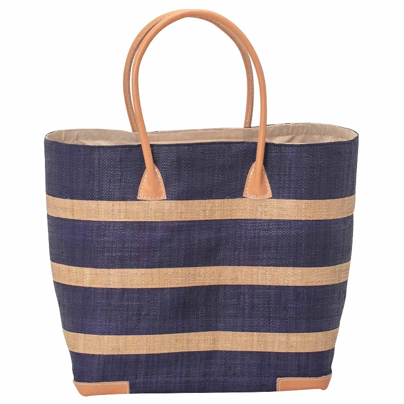 Double Handle Tote Bags for Stability -Raffia Navy Beach Stripe Tote with Leather Handle