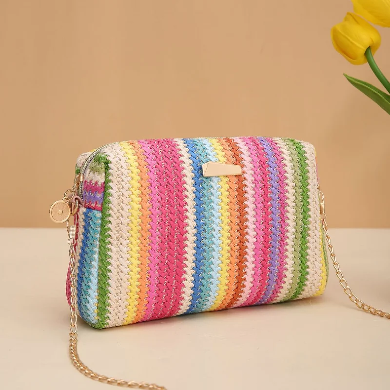 Double Handle Tote Bags for Stability -Rainbow Straw Bag Woven Bag Crossbody