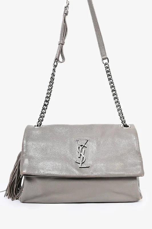 Tote Bags with Fringe -Saint Laurent Grey Leather Medium Tassel Shoulder Bag (As Is)