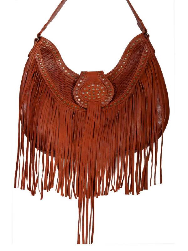 Soft velvet handle bags perfect for winter elegance -Scully B177 Womens Fringe Studded Leather Handbag Brown