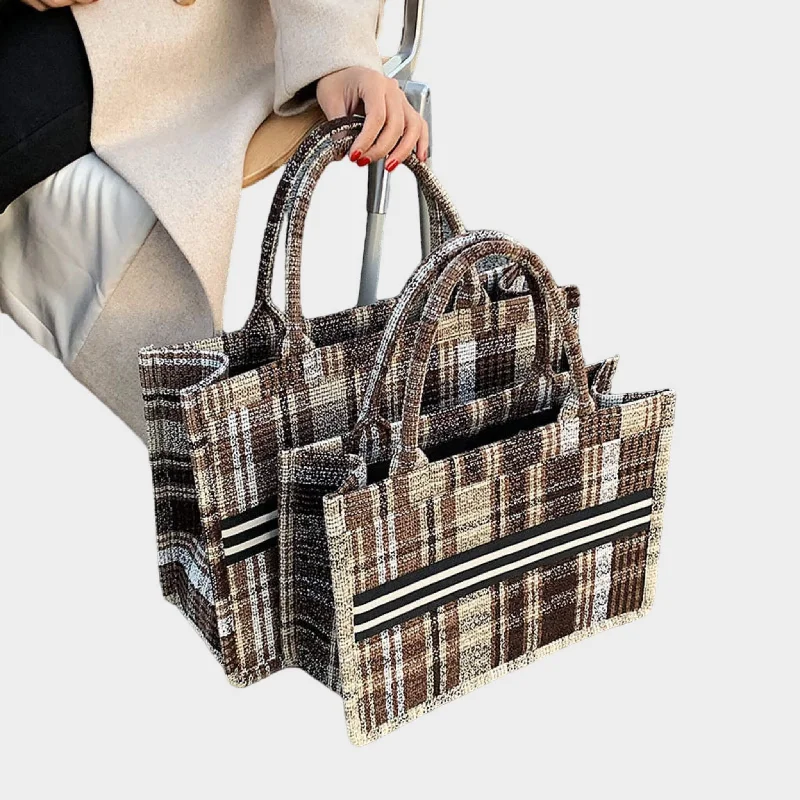 Warm brown handle bags grounding looks with earthiness -Stylish Canvas Check One Shoulder Crossbody Tote Bag