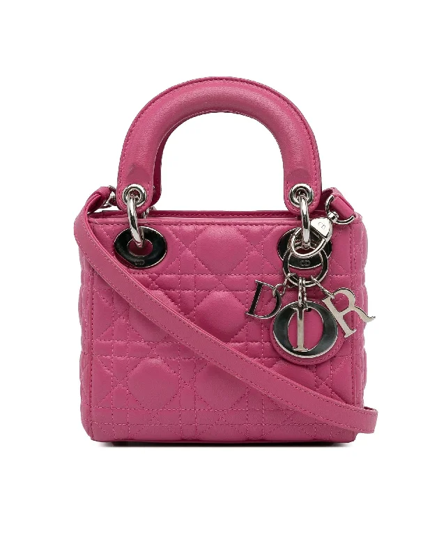 Tote Bags with Exterior Pockets -Mini Cannage Lambskin Quilted Lady Dior with Detachable Strap