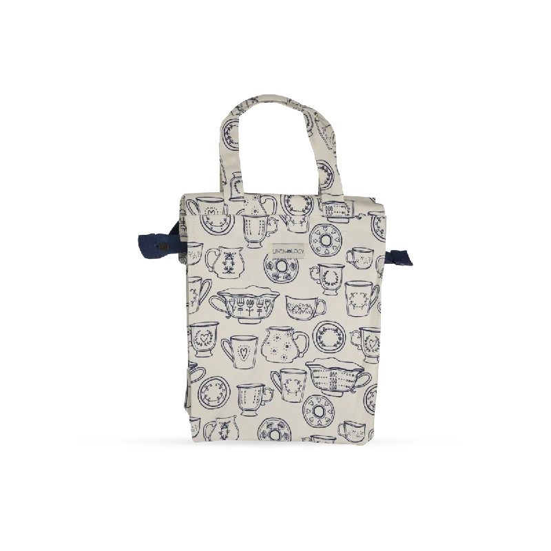 Tote Bags with Debossed Designs -Tall Acrylic Coated Lunch Bag with Zip - Cup & Saucer - Cream