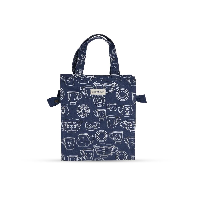 Tote Bags with Abstract Prints -Tall Acrylic Coated Lunch Bag with Zip - Cup & Saucer - Navy