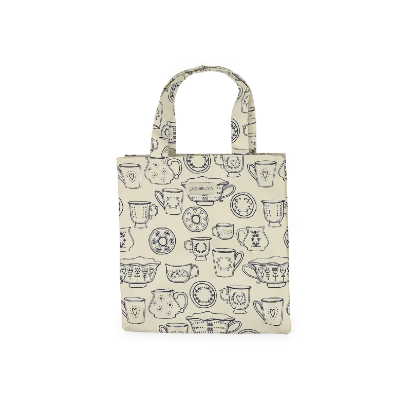 Tote Bags with Rhinestones -Tall Acrylic Coated Lunch Bag - Cup & Saucer - Cream