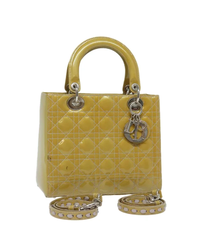 Tote Bags with Dots -Elegant Enamel Lady Dior Canage 2-Way Handbag with Shoulder Strap and Charm